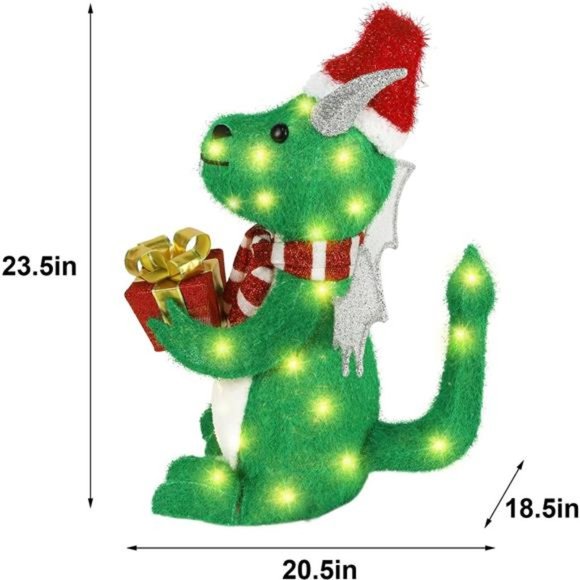 Lighted Christmas Green Dinosaur, 23.5 Inch Pre-Lit 3D Tinsel Flying Dragon - Picture 3 of 6